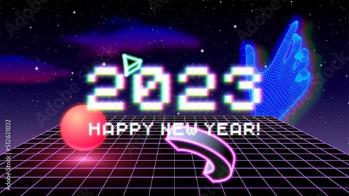 2023 New Year sign with glitched glowing pixels and abstract 90s styled composition of 3D shapes. Winter holiday and year change symbol.