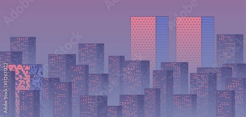 Violet sunset over the business city with skyscrapers. Purple highrise cityscape background in 80s style with sun reflections in the windows