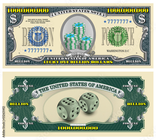 Vector banknote of lucky one billion dollars. 3d gaming dice and stacks of casino chips. Averse and reverse of paper money in style US bills