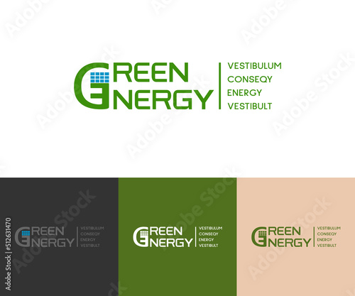 Green energy logo template. Green inscription of letters and photovoltaic panel blu simbol. Logo for branding identity, corporate vector design template. Concept of save the ecology environment.