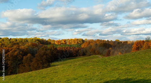 Green hills with colorful autumn trees under a cloudy blue sky