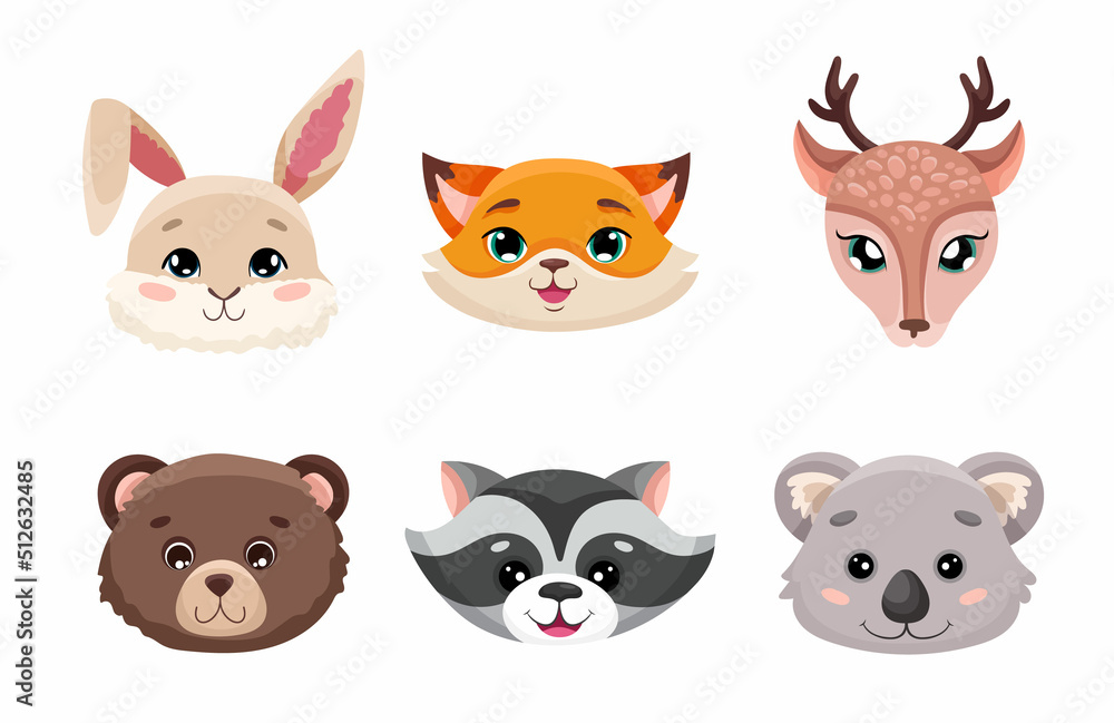 Big Set of cute animal face heads. Collection of baby characters in cartoon style. Vector illustration for nursery decor, children posters, birthday greeting cards, baby shower, textile printing