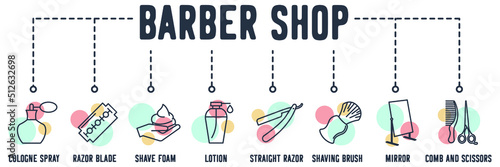 Barber Shop web icon. cologne spray, razor blade, mirror, comb and scissors, straight razor, shaving brush, shave foam, lotion, barber pole vector illustration concept.