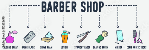 Barber Shop web icon. cologne spray, razor blade, mirror, comb and scissors, straight razor, shaving brush, shave foam, lotion, barber pole vector illustration concept.