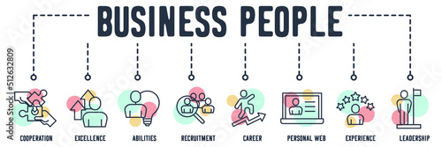 Business People banner web icon. cooperation, excellence, abilities, recruitment, career, personal web, experience, leadership vector illustration concept.