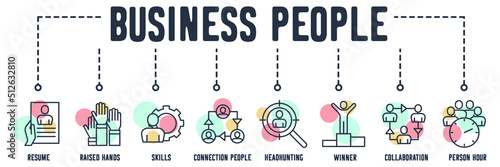Business People banner web icon. resume, raised hands, skills, connection people, headhunting, winner, collaboration, person hour vector illustration concept.
