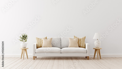 Interior mockup with white sofa, beige pillows and traditional decoration on empty living room wall background. 3D rendering, illustration © marina_dikh