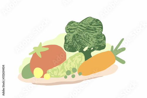 Vector illustration of vegetarian cooking set: tomato, broccoli, carrot, cucumber, peas on the plate. Hand drawing doodle design. Healthy food. Vegetable dish. Nutrition of organic green ingredient.