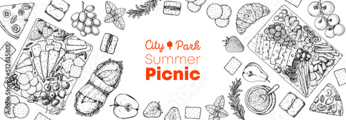 Picnic food top view. Hand drawn vector illustration. Food and drink sketch. Antipasti, pizza, sandwich, fruits, snacks for lunch or dinner. Summer Food top view frame.