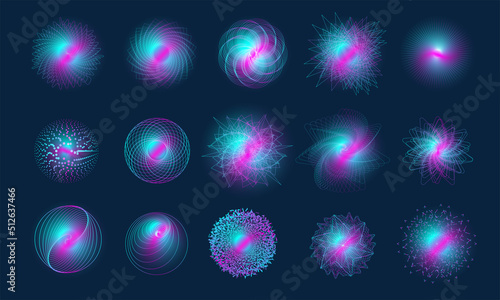 Circle audio waves. Multicolor audio lines cliparts collection. Soundwaves, radio frequency.  Neon round music soundwave for equalizer. Colorful cover for music poster and banner. Vector illustration.
