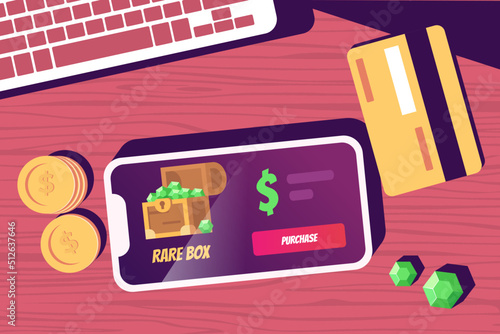 Mobile gaming microtransaction, loot box and pay to win illustration concept