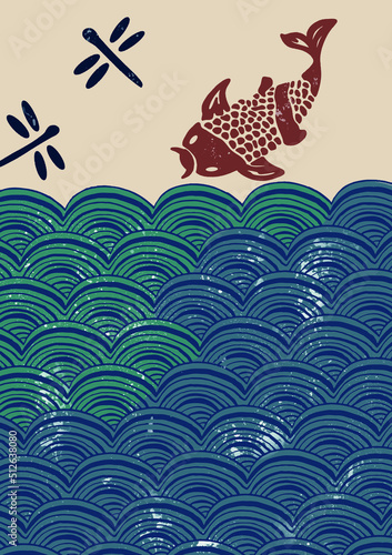 Brush texture with Japanese ocean wave pattern in vintage style. Abstract art landscape banner design with asian vector texture
