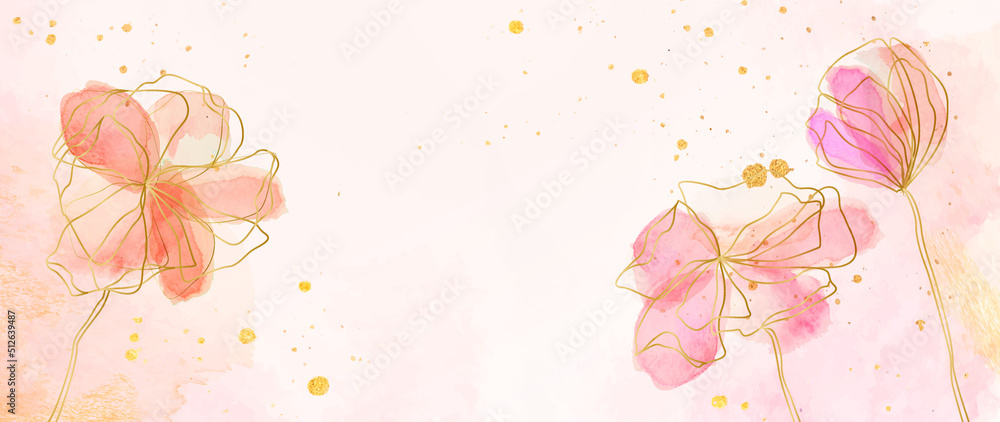 Abstract watercolor floral art background in pink colors with golden ...