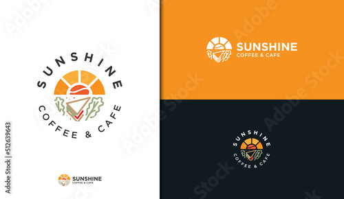 Sandwich logo icon premium quality. Breakfast restaurant logo design vector, coffee and cafe elegant logo with sunshine, sun, coffee bean, vegetable salad, lettuce, salad.
