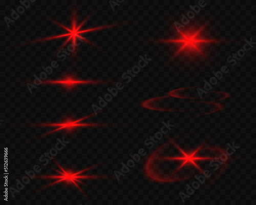 Set of red stars, vector flares with light on a transparent background. Abstract laser stars.