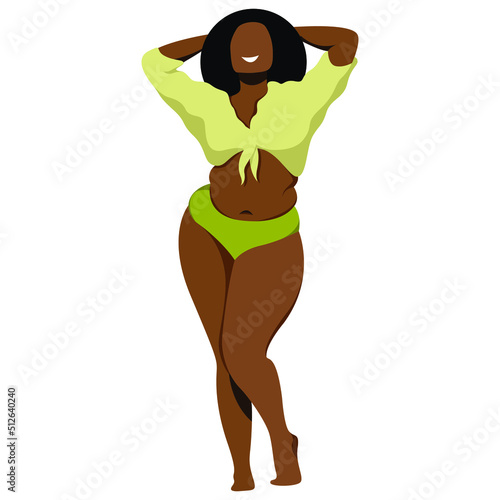 vector image on the theme of body positivity. a young juicy plump dark-skinned girl in lingerie is not shy about her fat folds. isolated on white background. love and accept your body. love yourself.