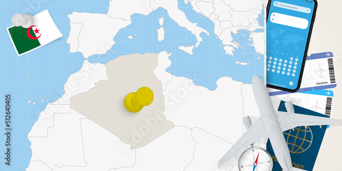Travel to Algeria concept, map with pin on map of Algeria. Vacation preparation map, flag, passport and tickets.