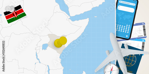 Travel to Kenya concept, map with pin on map of Kenya. Vacation preparation map, flag, passport and tickets.
