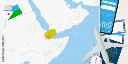 Travel to Djibouti concept, map with pin on map of Djibouti. Vacation preparation map, flag, passport and tickets.