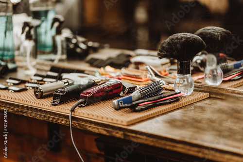 hairdresser accessories are on the shelf in the salon