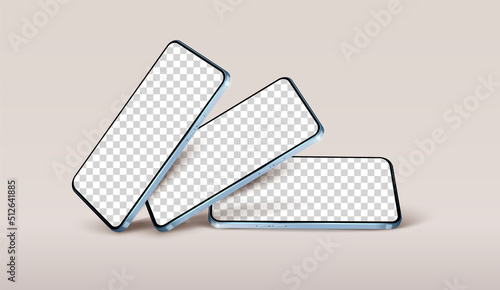 3 floating realistic smartphone layouts. Smartphone from different angles. Mockup for application UI designs. Vector illustration