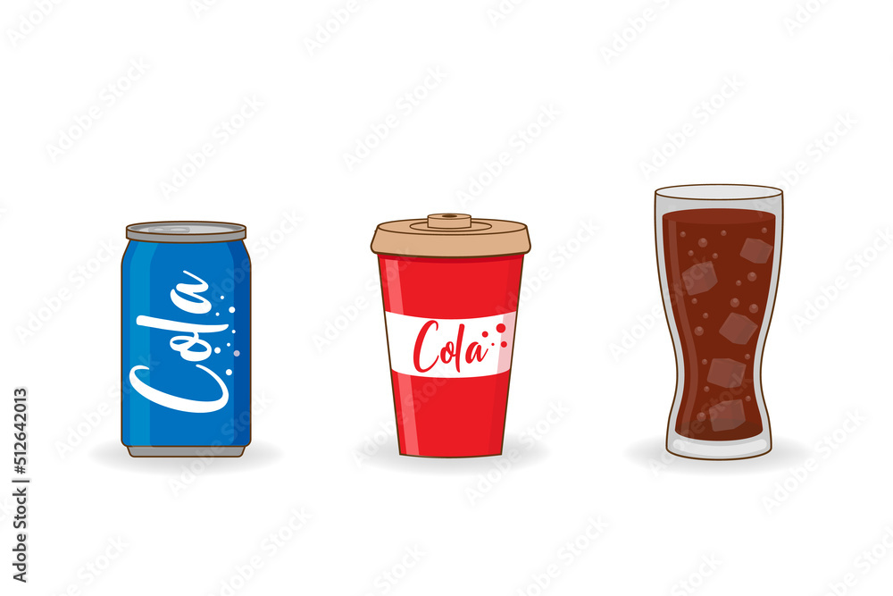 Collection of glass and aluminum can of cola. Set soda labels. Isolated on white background.soft drinks