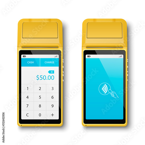 Vector 3d Orange NFC Payment Machine Set Isolated. Wi-fi, Wireless Payment. Screen with Amount and Wifi Sign. POS Terminal, Machine Design Template of Bank Payment Contactless Terminal, Mockup