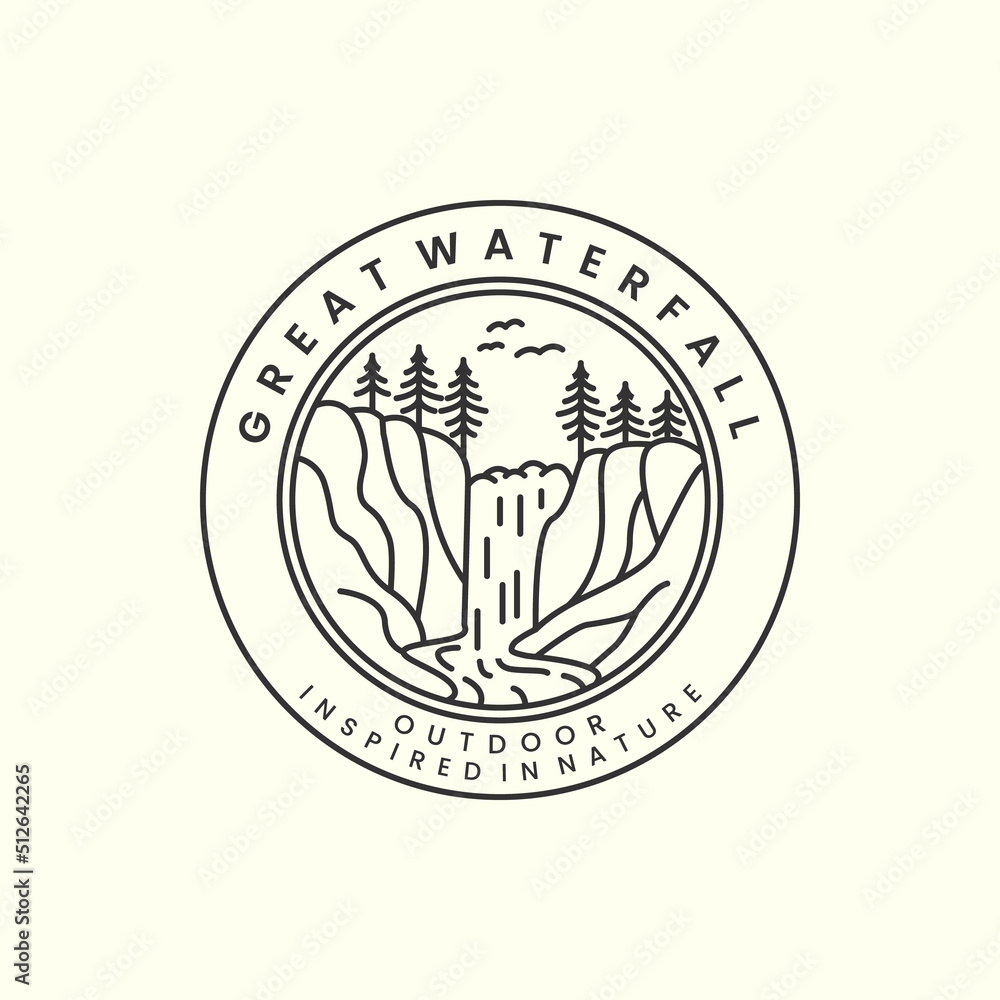 great waterfall with linear and emblem style logo icon template design. tree, nature, outdoor, vector illustration great waterfall with linear and emblem style logo icon template design. tree, nature, outdoor, vector illustration