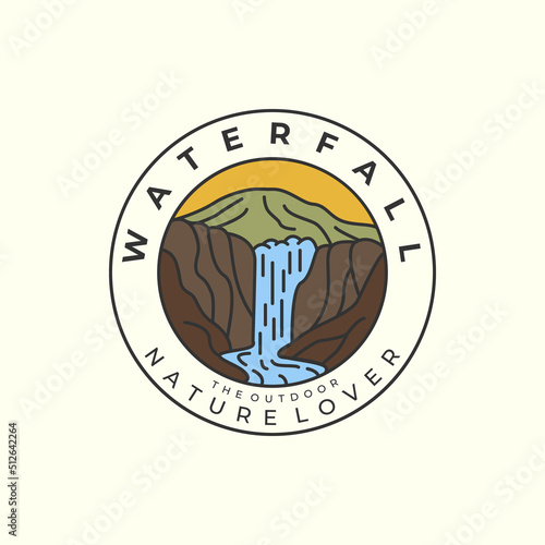 mountain and waterfall with vintage and emblem style logo icon template design. nature, outdoor, vector illustration