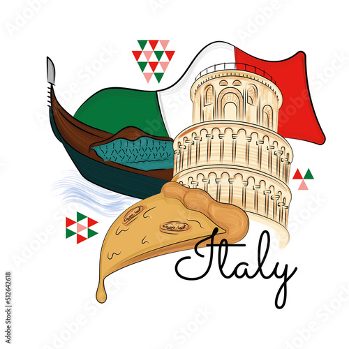 Colored italy travel promotion with pisa tower and pizza Vector