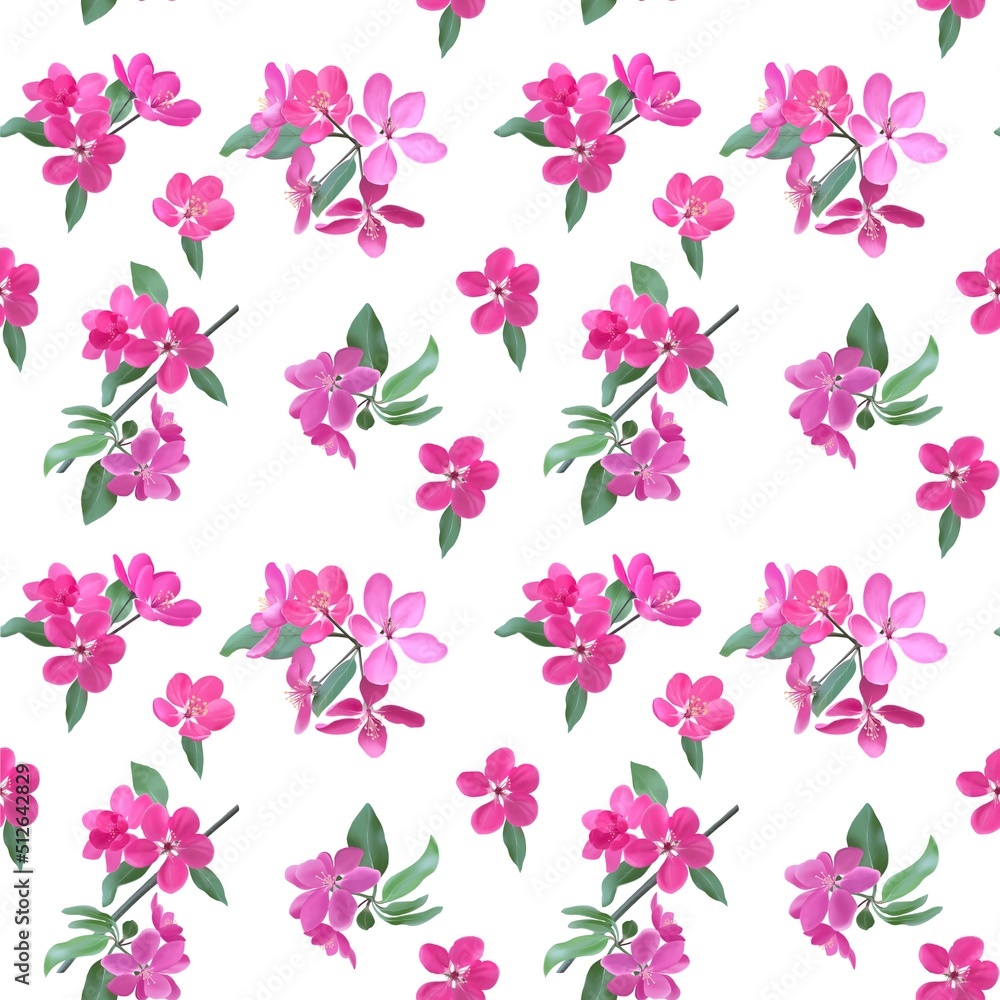 Blossoming flowers sakura on branches, seamless floral pattern on white background. Realistic sakura japan cherry. Watercolor colorful illustration for floral textile, wallpaper or romantic cover.