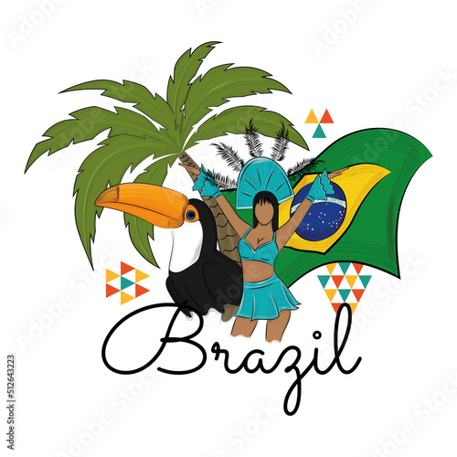 Colored brazil travel promotion with carnival dancer palm tree and toucan Vector