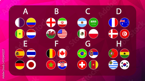 Groupes table, draw results, Match schedule template. Football results table, flags of world countries. Vector illustrationflags of countries participating to the international world tournament.