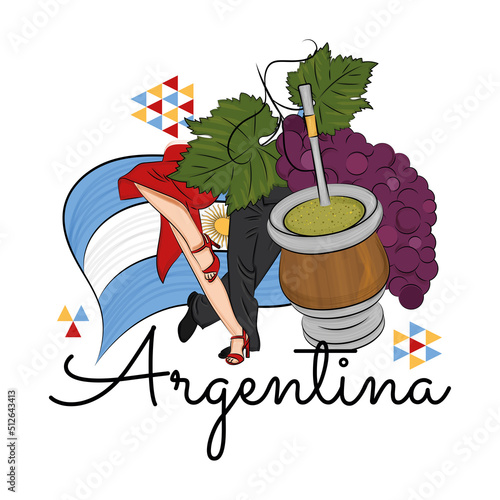 Colored argentina travel promotion with tango dancers and mate drink Vector