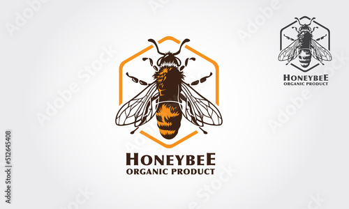 Honey Bee Logo Template. Illustration design for honey insect, logo for organic product. Apiary element, pest insignia or tattoo. Biology and entomology theme.