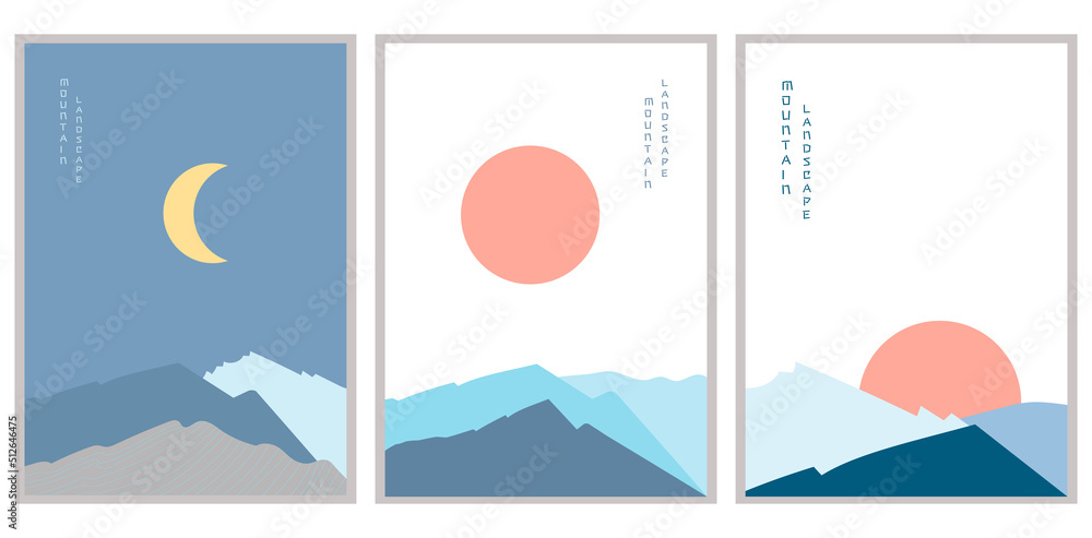 Mountain landscape posters vector illustration set. Sunset and night. Geometric landscape background in Asian Japanese style. Abstract symbol for print, poster, postcard, screensaver on the phone, for