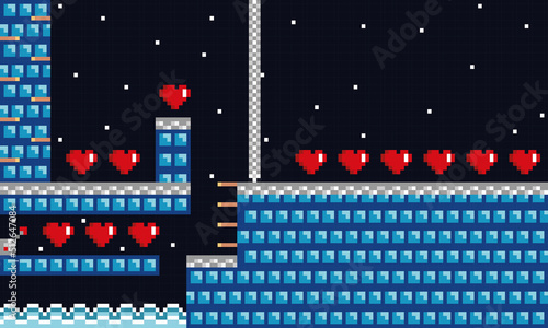 Blue videogame scenary with frost ground and heart shapes Vector
