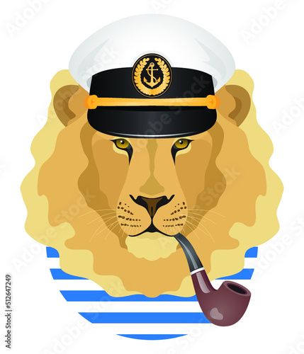 Lion sailor captain in a hat with a smoking pipe. Nautical print, avatar, portrait, head. Isolated vector illustration on white background