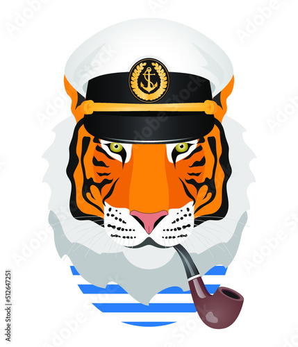 Tiger sailor captain in a hat with a smoking pipe. Nautical print, avatar, portrait, head. Isolated vector illustration on white background