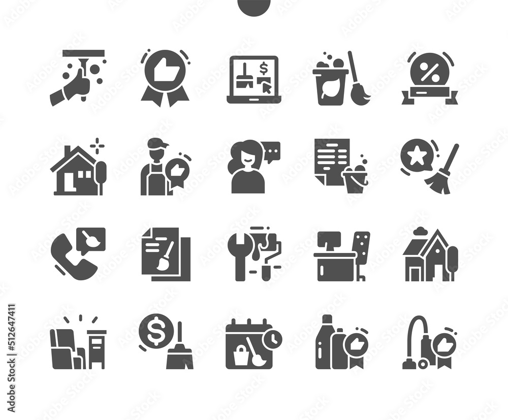 Cleaning service. Best quality. Professionals and happy clients. Eco friendly cleaning. Vector Solid Icons. Simple Pictogram