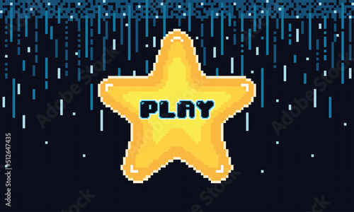 Pixelated videogame scenary with a star shape button to play Vector