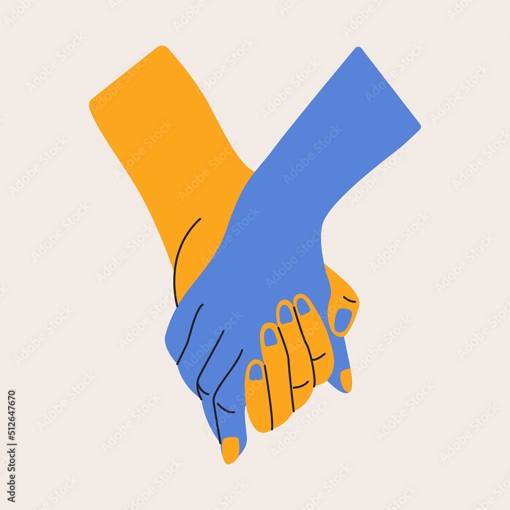 Hands holding together Ukrainian colors. Support Ukraine. Blue yellow flat hands, no war in Ukraine. Vector illustration