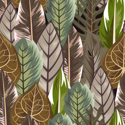 Seamless pattern with tropical beautiful leaves exotic background.