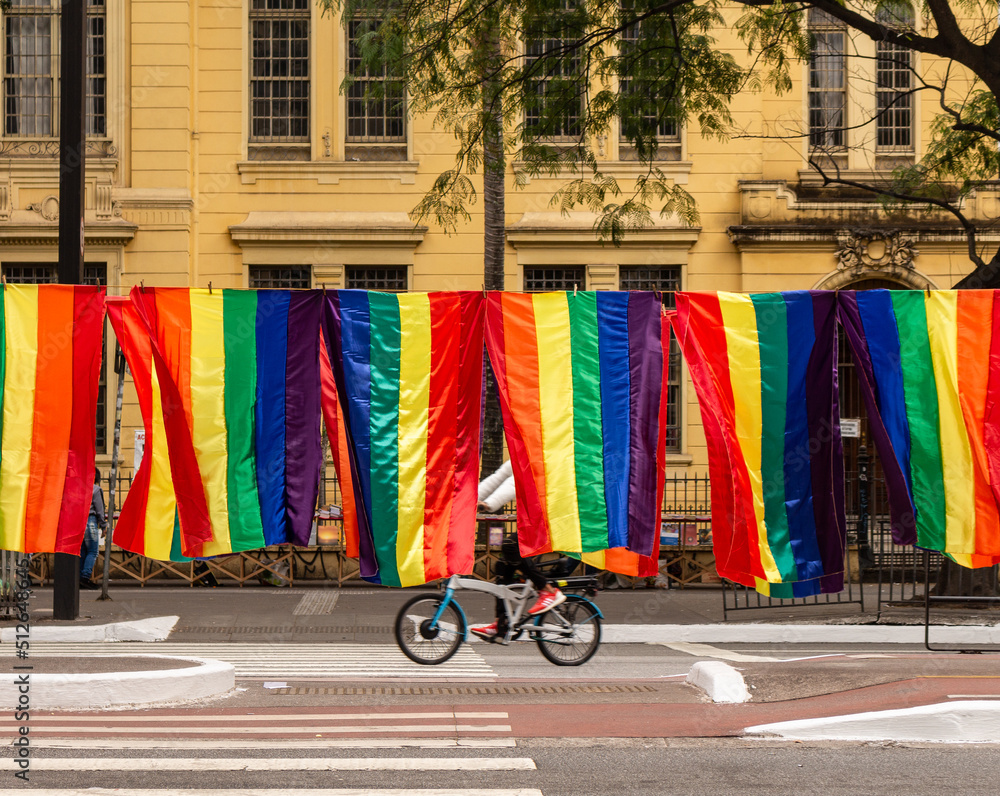 Rainbow flags hang on Avenida Paulista during the LGBT Pride Parade in São Paulo, Brazil.