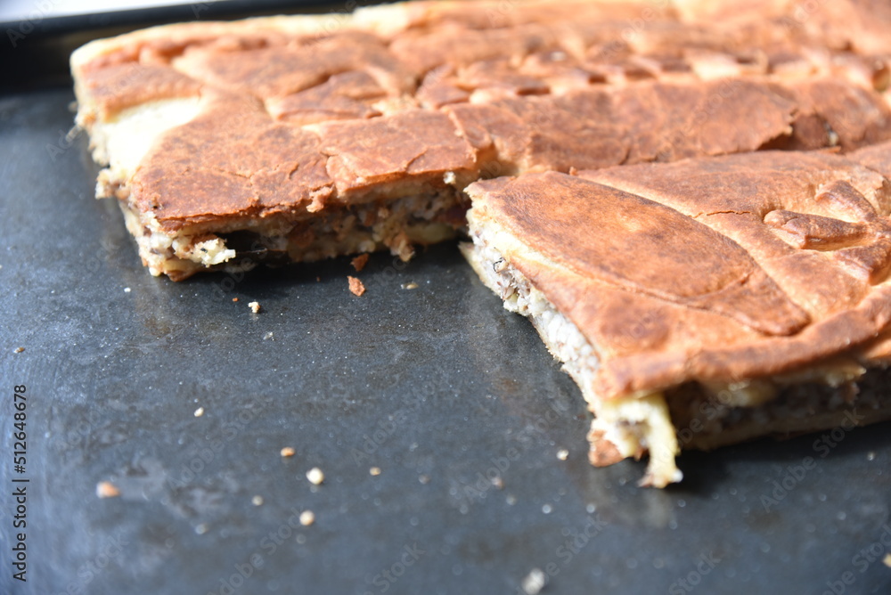 Delicious meat pie on a baking sheet