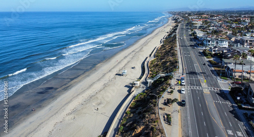 A Panoramic Aerial UAV Drone View of Carlsbad State Beach, California, in the Morning photo