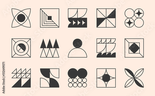 Vector set of bauhaus linear emblems or symbols.Modern brutalist objects and elements in trendy swiss minimal style.Abstract bold geometric shapes for branding design,badges,stickers,logo templates.