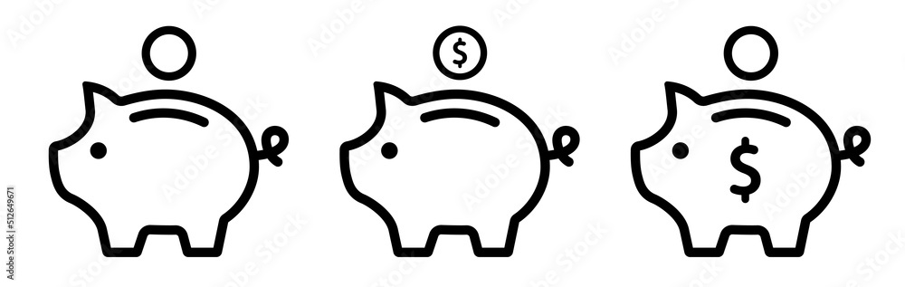 Piggy bank icon set. Piggybank saving money line symbols isolated. Vector illustration - obrazy, fototapety, plakaty 
