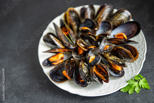 mussels in shells fresh seafood meal on the table copy space food background rustic top view 