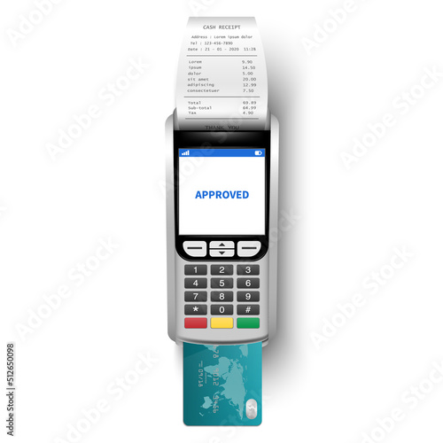 Payment Machine, POSt terminal with cash receipt and credit card isolated on transparent background, vector illustration